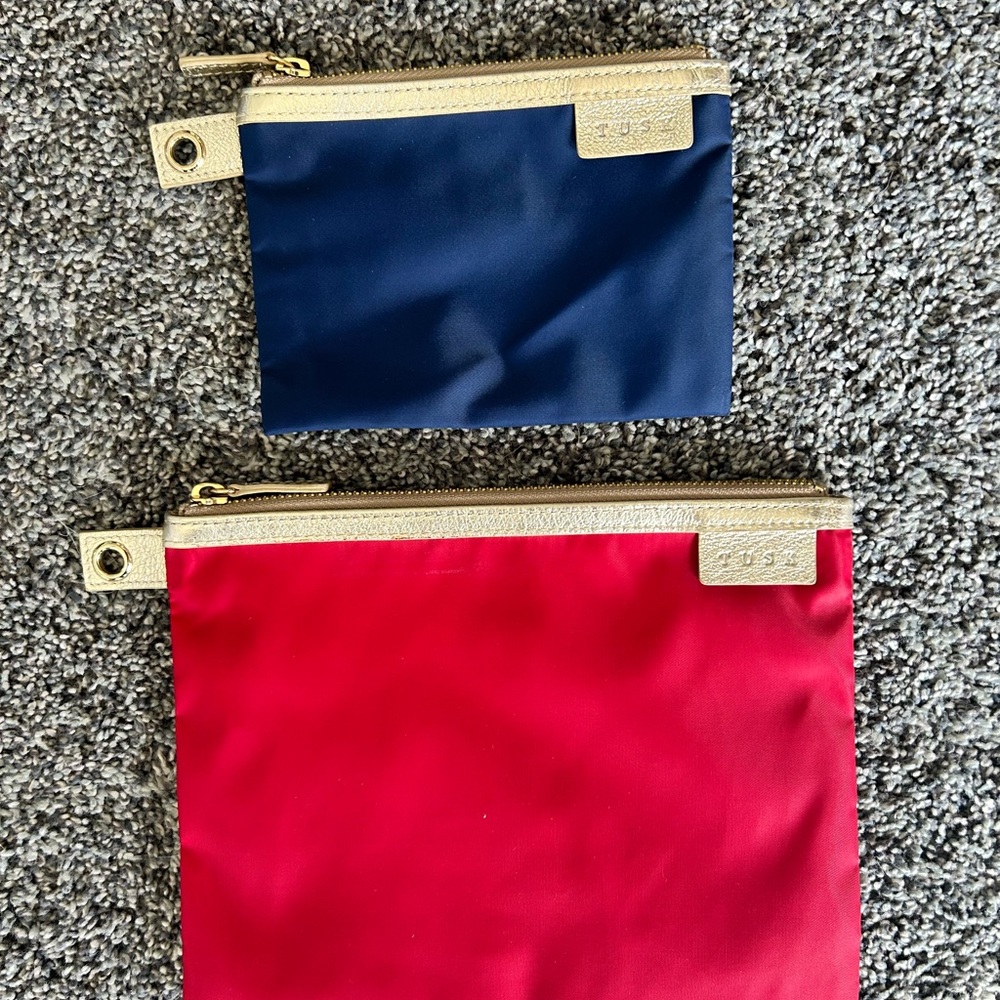 Tusk Nylon Pouch Set Red Navy‎ Blue Gold Leather Trim Zipper Makeup Bags 2pc